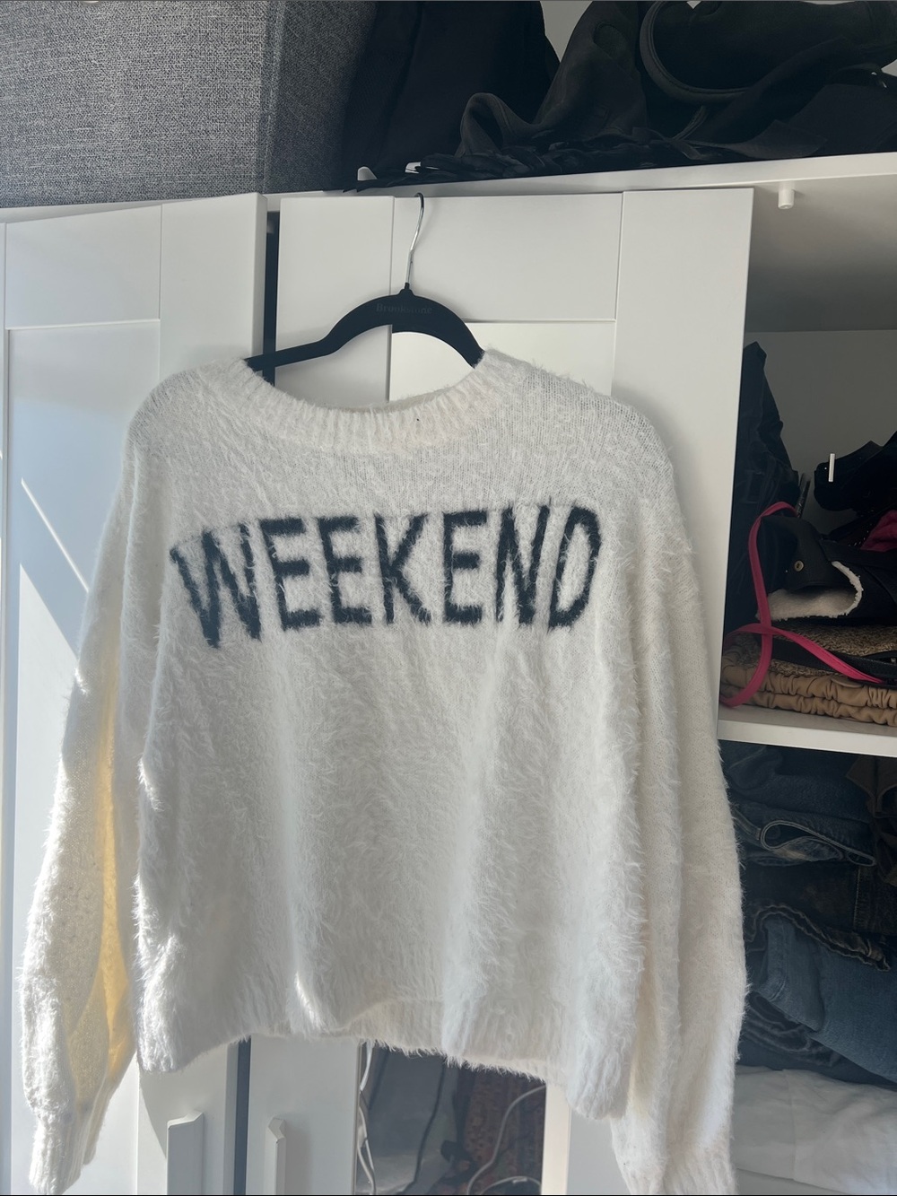 Hem & Thread White Fuzzy Crewneck Sweater with Black "WEEKEND" Text